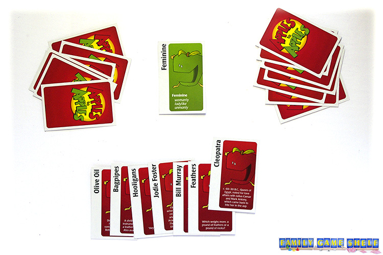 To play Apples to Apples The Party Box, the judge picks a green card and the other players find the best red card that matches