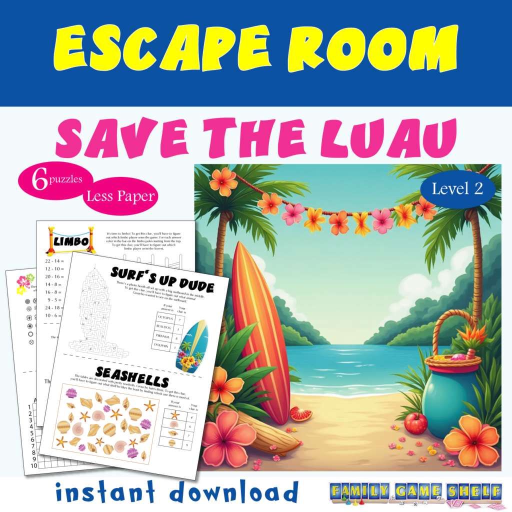 Escape room kit for kids. Save the Luau.
