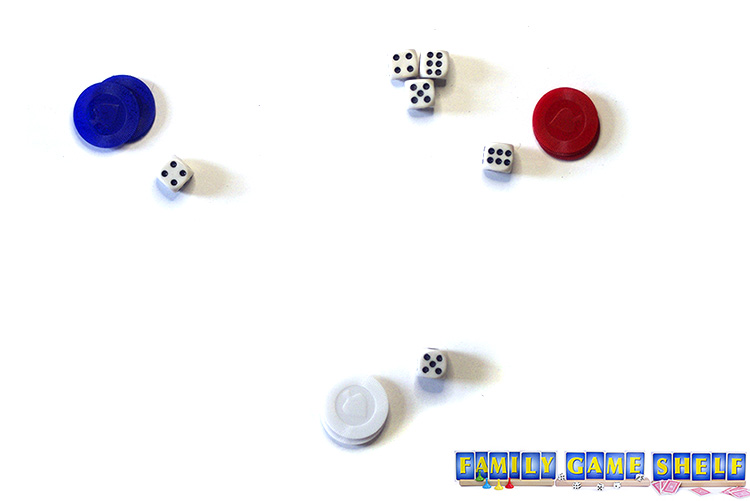 The red player needed to roll a three but didn't. He didn't roll his lucky charm number and now must put a chip into the Volcano
