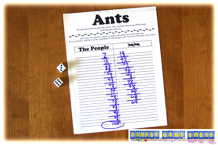 The Ants score sheet showing that the people have won