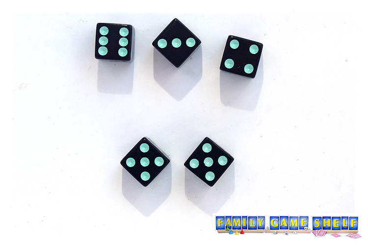 Two dice are 5s, the others are a mix. in Three or More you get one more turn to roll some more 5s