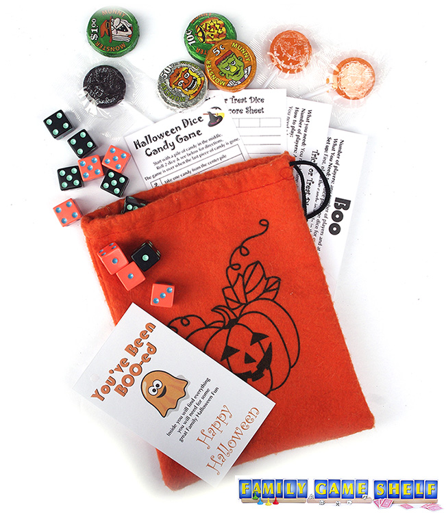 A done Halloween Dice Game Bag with bag with dice, cards and candy