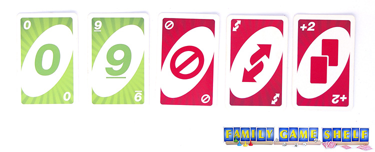 The Santa Uno cards" 0, 9, skip a turn, change direction, pick up cards