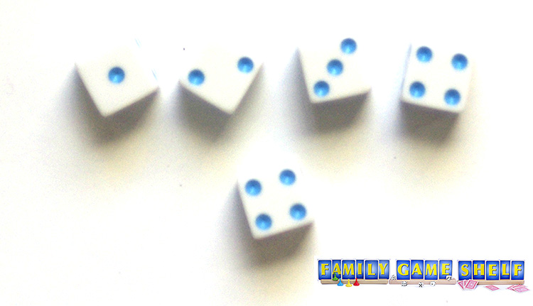 Olympic Table Top Dice game Rings dice showing 1, 2, 3, 4, 4