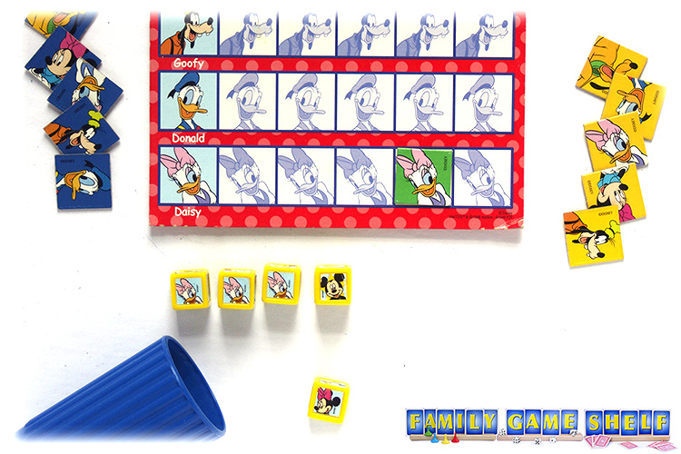 Yahtzee Jr board showing a roll of 3 Daisey and 1 wild Mickey for a score of 4