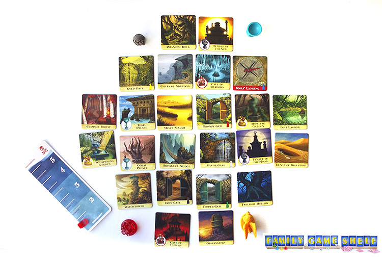 The Forbidden Island tiles set up for a game