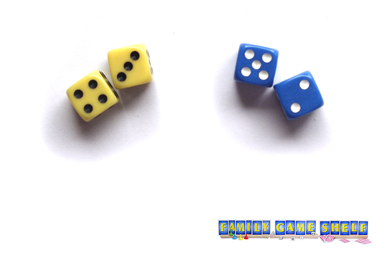The yellow Tennis Dice player rolled a 4 and 3. The blue player rolled a 5 and 2