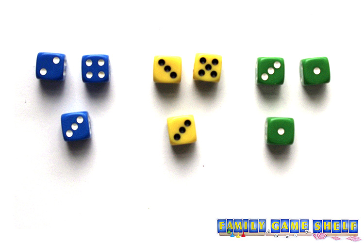 Snowball fight dice game players with blue having 6, yellow 8 and green 4 and only having one hit left