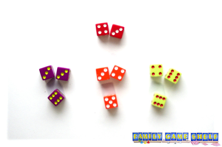 Curling dice game showing a target of 4 - 3 for a sum of 7. Purple player dice are 3 -3. Orange player is 3 - 4 and yellow is 4 -6