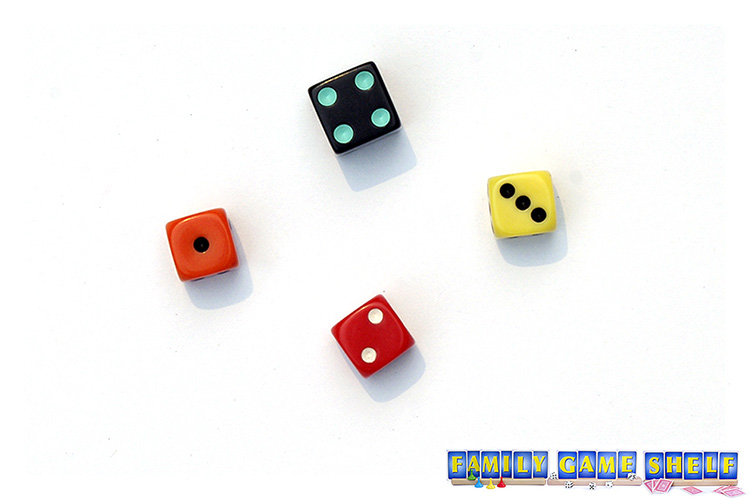Big Chief Dice game where the black dice has 4, yellow 3, red 2, orange 1
