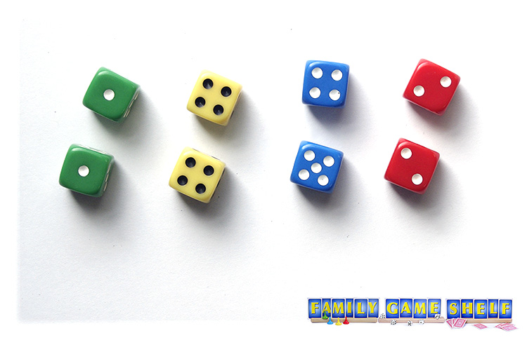 Lazy Dice game players with green roll 1,1 Yellow 4,4 Blue 4,5 and red 2,2