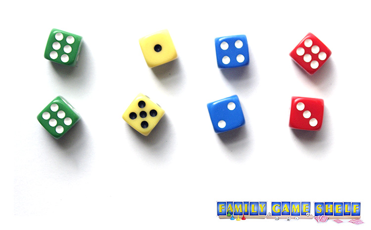 Lazy Dice game players with the rolls, green 6,6 Yellow 1,5, Blue 4,2 and Red 6,3