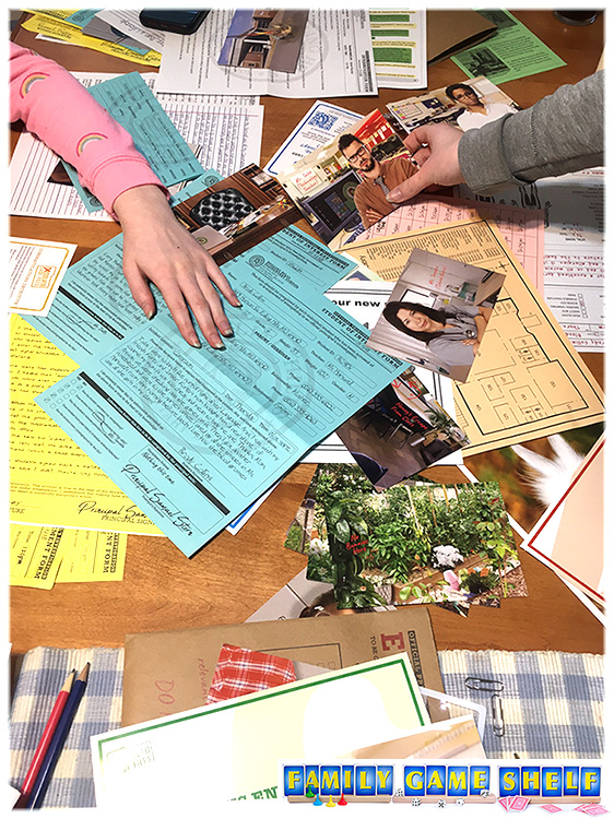 Playing Honey the Bunny with paper work spread out