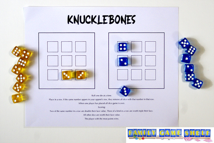 Knucklebones dice game player bumping two of their opponent's dice off with the same number dice