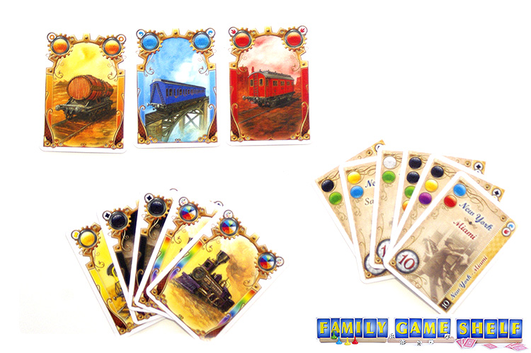 Ticket to Ride Card game player placing an orange, blue and red cards in her railyard.