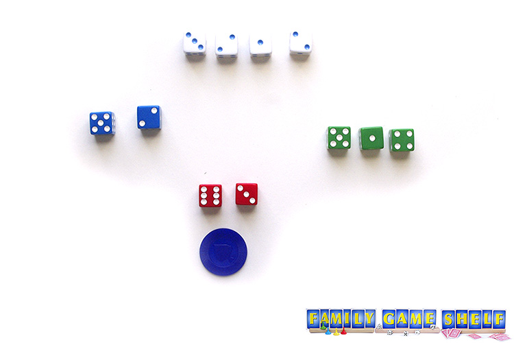 Macao dice game players with score of blue 7, white 8, green bust and red 9 winning a chip