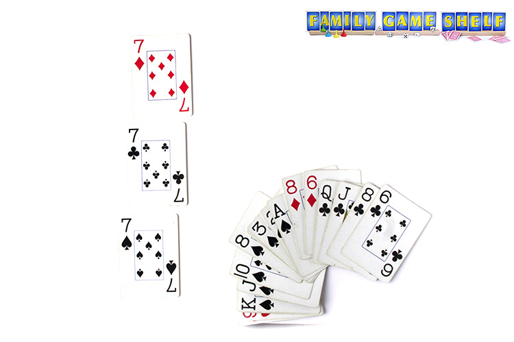 A sevens card game with the 7 of diamonds, clubs and spades on the table