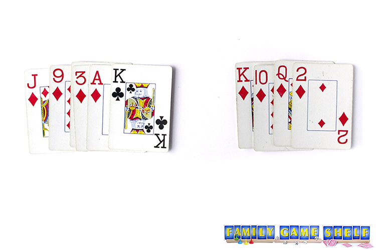 One hand having a jack, king, nine, ace and three. The other hand has a king, queen, 10 and 2