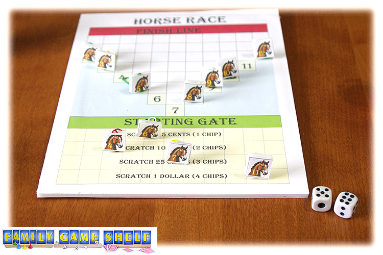 the Horse Racing game board showing the 6,4, 7, and 11 horses in the scratch spots