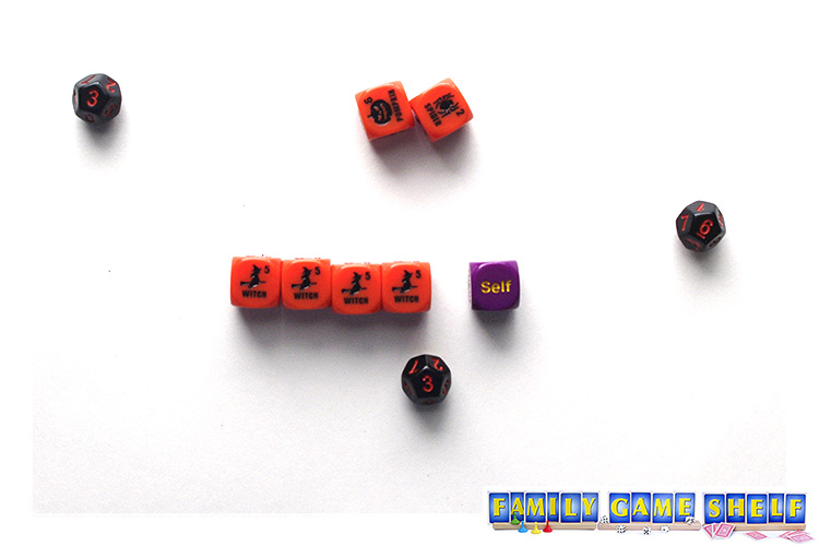 A Ditch the Witch player with four witches and a roll of self on the decision dice.