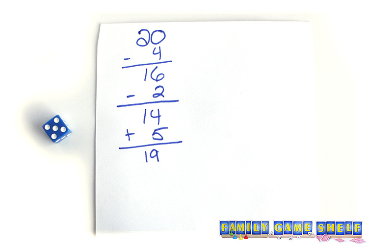 Countdown dice game player with a roll of 5 and adding 5 to her score