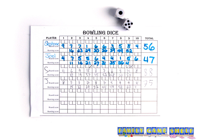 The Bowling Dice game score sheet