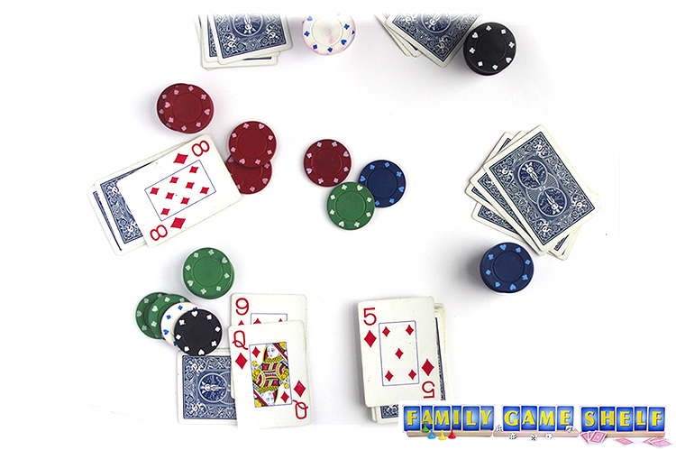 A player with a bid of 2 and the 8 of diamonds. The dealer has the 5 of diamonds. 
