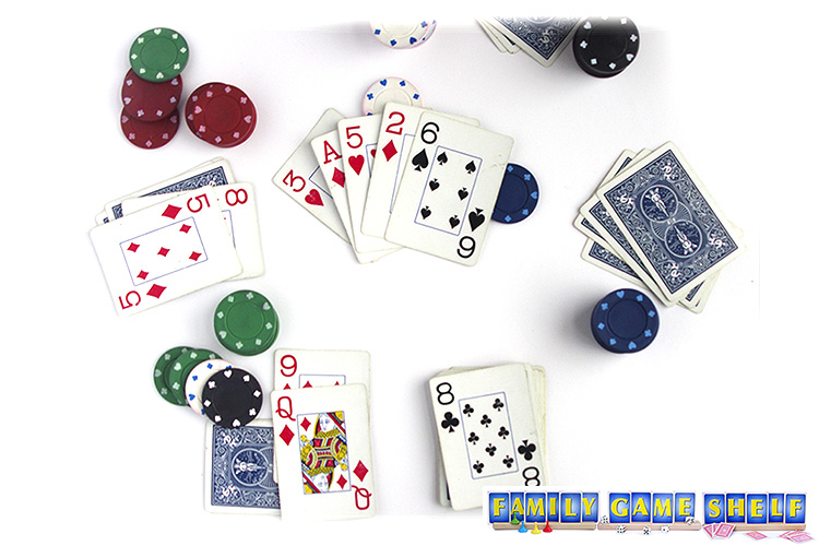 A red Dog card game player having bet 1 chip and no clubs. The dealer has the 8 of clubs.