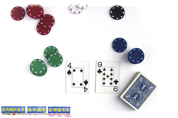 Red Dog Poker variation with the dealer has flipped over a 4 and a 9.