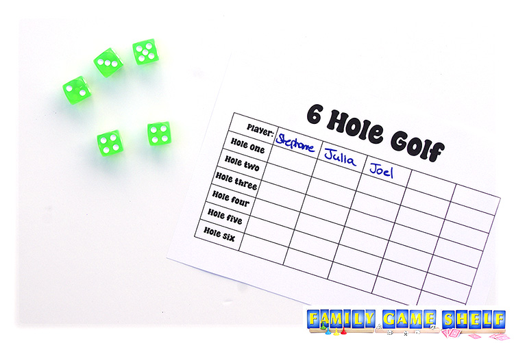 6 Hole Golf player with a roll of 2, 3, 4, 4, 5