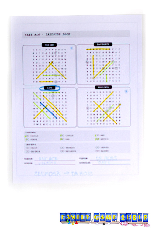 A murder mystery word search with the answer showing