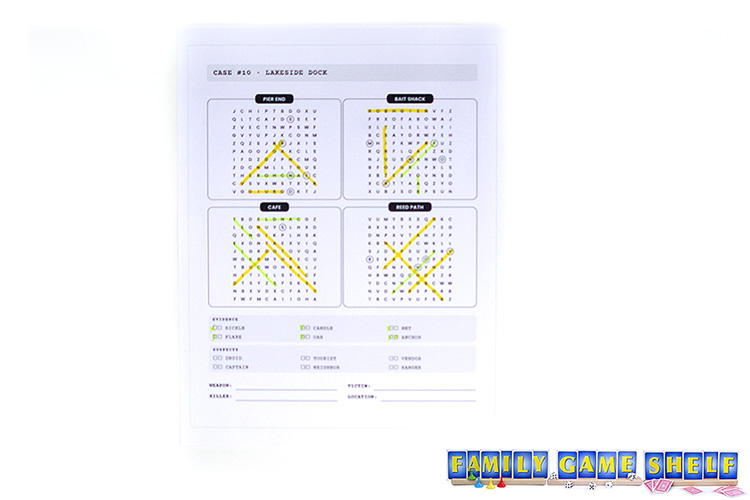 Word search with the weapons highlighted in green and the suspects in yellow.