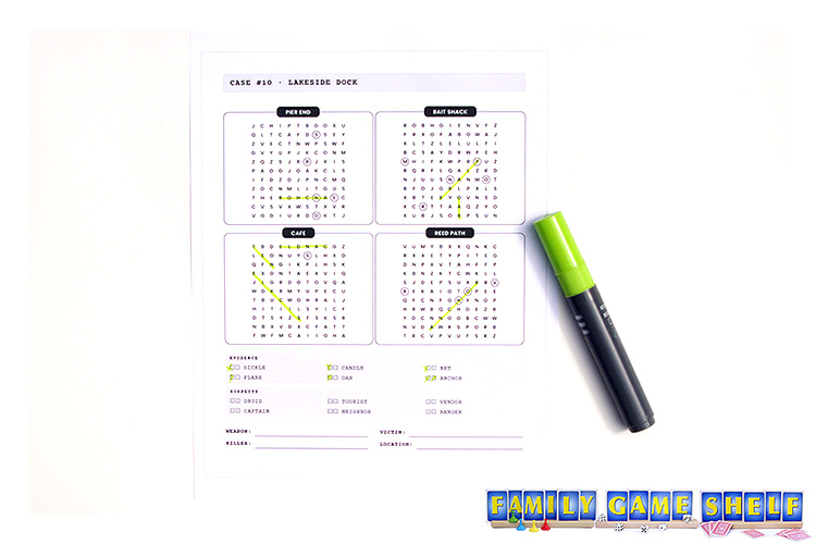A murder mystery word search with the weapons highlighted in green