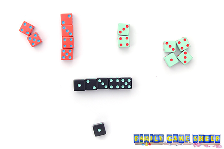 50 UP dice game players with the black dice having a run of 1, 2, 3, 4, 5