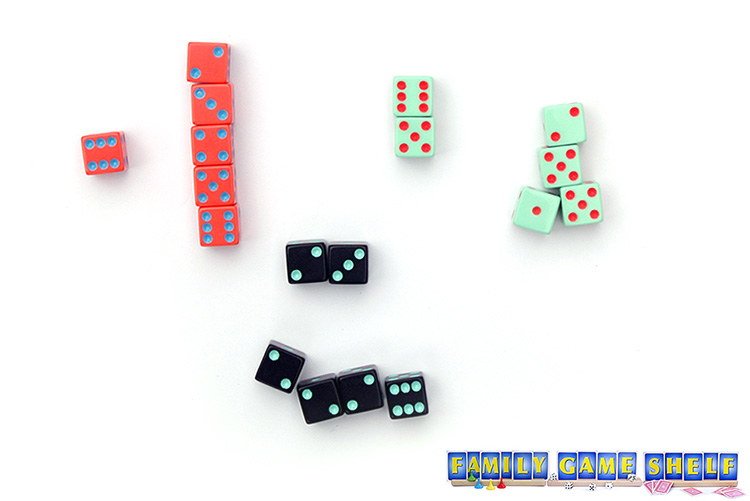 50 Up dice game players with the pink dice have a run of 2, 3, 4, 5, 6