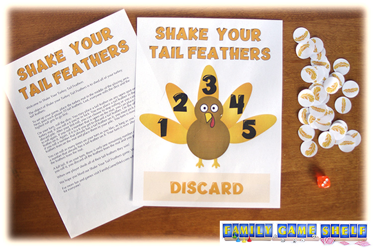 The game Shake your Tail Feathers with the mat, dice, feathers and rules